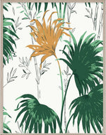 Paule Marrot Green and Yellow Palm Leaves II by Natural Curiosities features green palm leaves and a yellow flower on white, inspired by Paule Marrot’s natural world art style, in a 42" x 54" print.