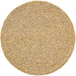 The Kim Seybert Natural Wood Bead Placemat features a 15" diameter, crafted from small beige wooden beads for a textured, uniform look, and finished with a cotton backing.