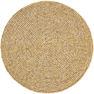 The Kim Seybert Natural Wood Bead Placemat features a 15" diameter, crafted from small beige wooden beads for a textured, uniform look, and finished with a cotton backing.