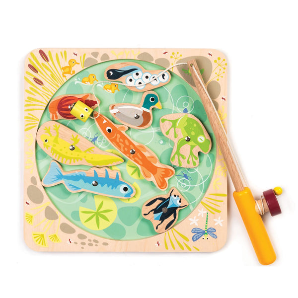 A Tenderleaf Pond Dipping toy, designed by Tender Leaf Toys, featuring fish and pond animals, is designed to enhance fine motor skills through fishing.
