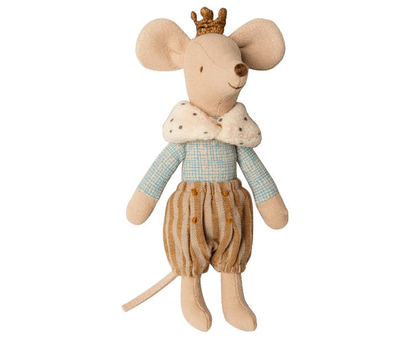 Maileg Prince Mouse, Big Brother wearing a crown and dressed in a checkered shirt and striped pants, all made from recycled polyester.