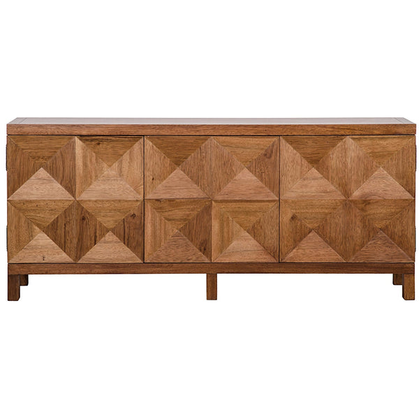 The Quadrant 3 Door Sideboard from Noir, with its intricate geometric designs, is crafted from high-quality wood and features a sleek dark walnut finish. This stunning piece not only offers ample storage space but also adds