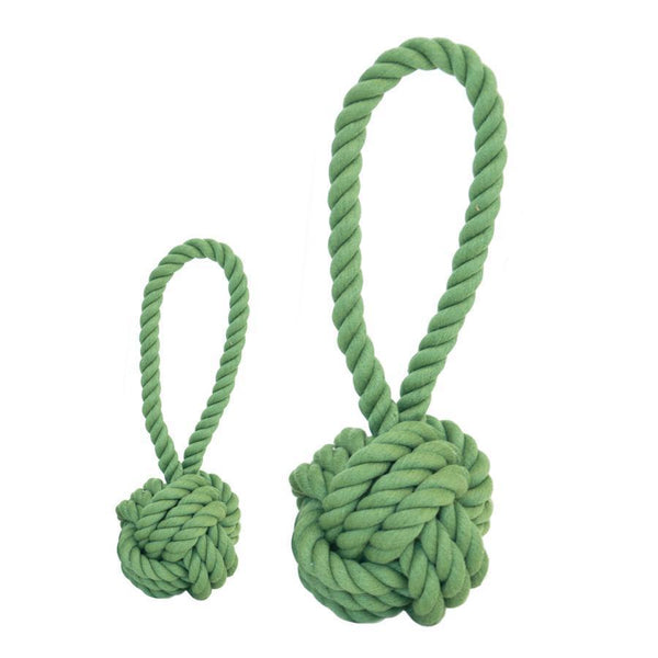 Two green Harry Barker Tug and Toss Rope Dog Toys of different sizes with looped handles, colored with azo-free dyes.