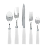 The Sabre Natural White Place Setting features five cutlery pieces—tablespoon, dinner fork, knife, salad fork, and teaspoon—with white handles, arranged in a row for an elegant touch to your table.