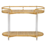 The Selamat Acrylic and Rattan Console combines bamboo, wood, and a curved frame with a hint of Sea Cliff design. It has oval shelves, vertical supports, and refined inlaid rattan details.