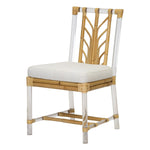 Selamat Acrylic and Rattan Side Chair with white cushion, bamboo-style design, and Kravet Crypton Boucle Fabric.