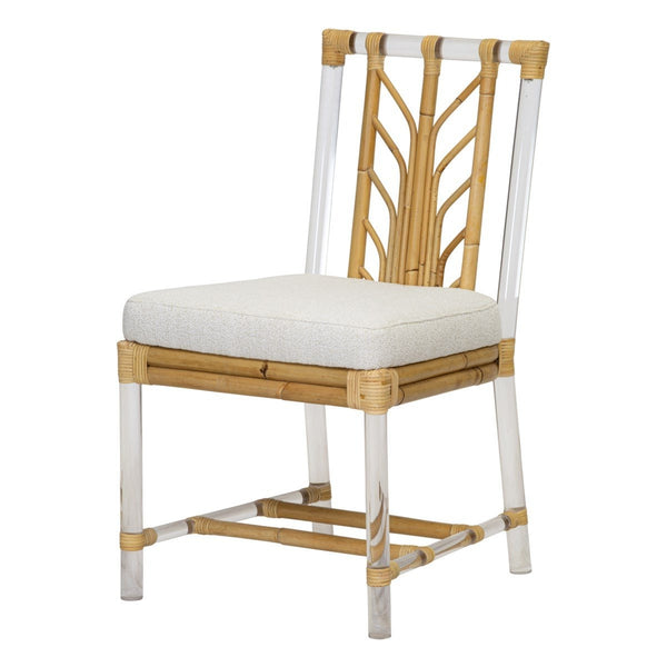 Selamat Acrylic and Rattan Side Chair with white cushion, bamboo-style design, and Kravet Crypton Boucle Fabric.