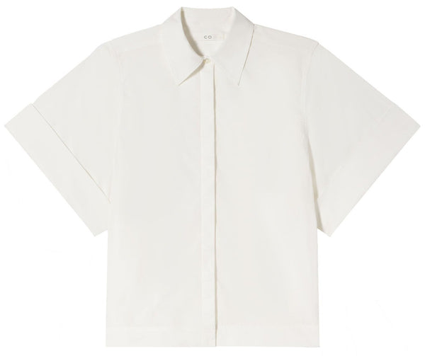 A white, short-sleeved, CO Button Up shirt with a pointed collar in lightweight cotton, displayed flat on a white background.