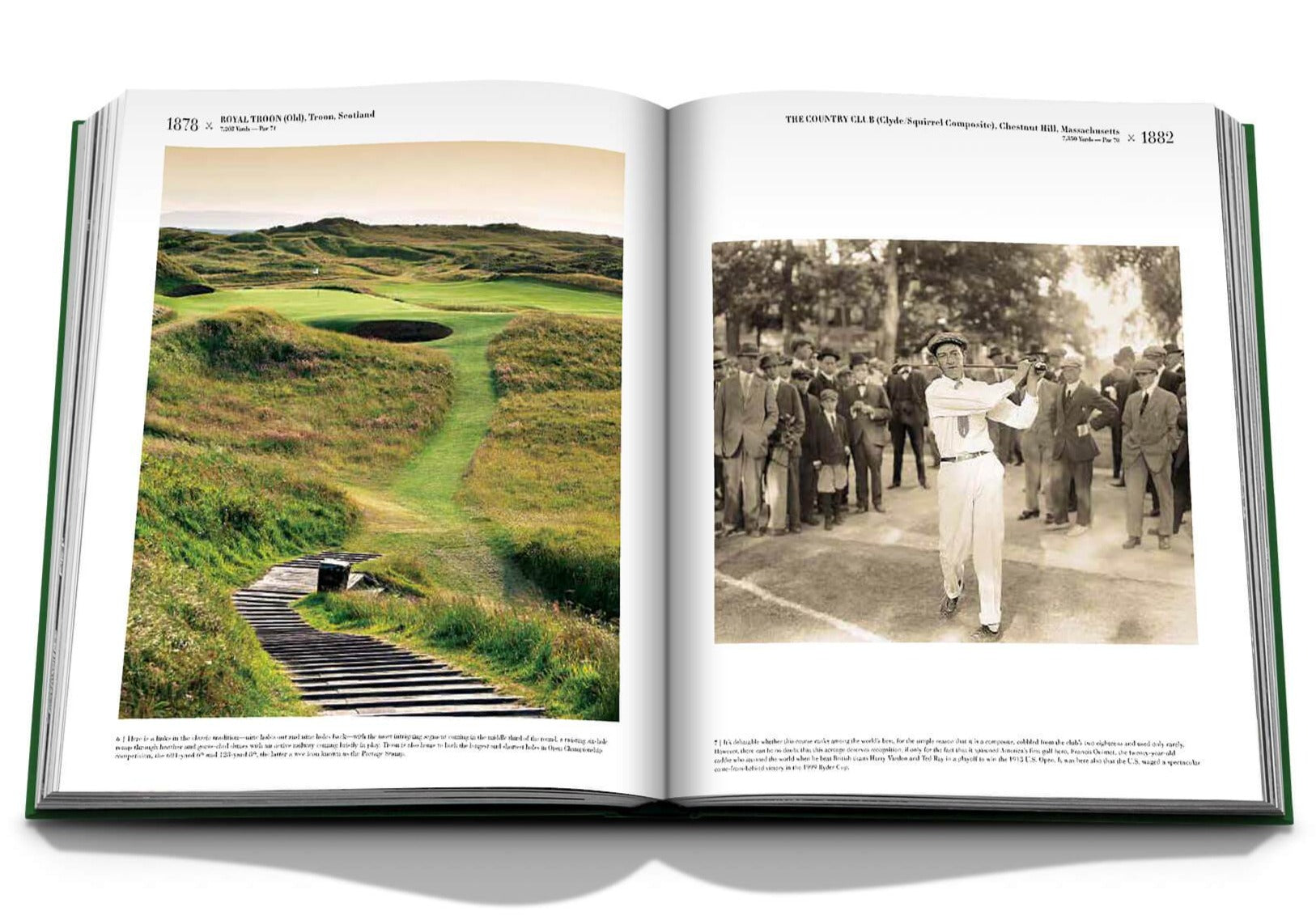 An open book reveals a stunning golf course photo on the left and a vintage golfer with an audience on the right. This piece is from Assouline's "The Impossible Collection of Golf," capturing an exquisite golf journey in luxury bookmaking elegance.