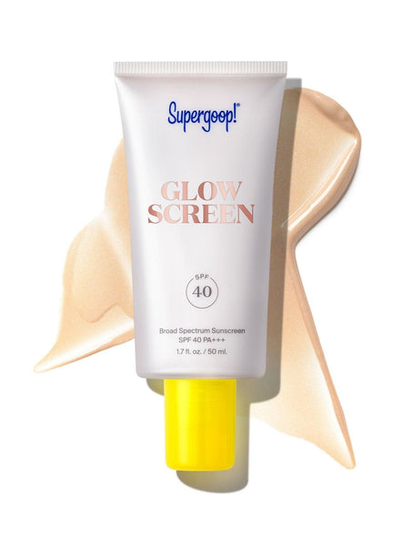 A tube of Supergoop! Glowscreen SPF 40 sunscreen with hyaluronic acid and a dollop of the Sunrise spread next to it against a white background.