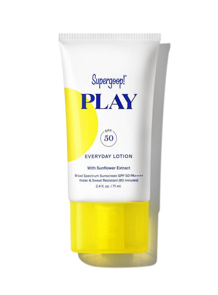 A tube of Supergoop Play Everyday Lotion with Sunflower Extract SPF 50, featuring a hydrating formula and sunflower extract, offering protection against UVA UVB IRA rays, photographed against a white background.
