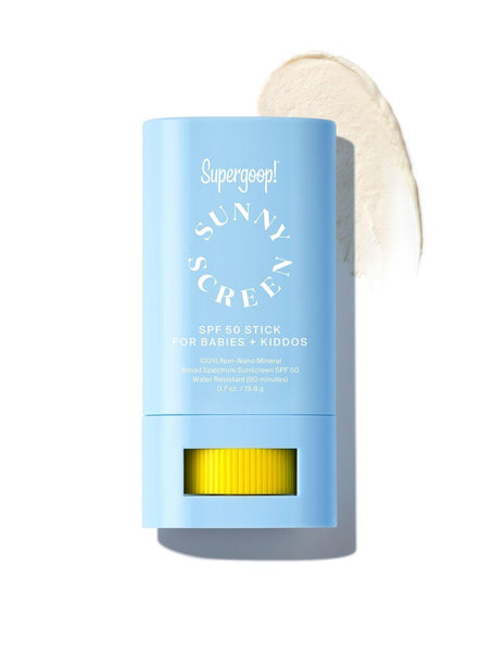 Supergoop! Sunnyscreen 100% Mineral Stick SPF 50 with visible texture swatch, labeled for babies and kids.