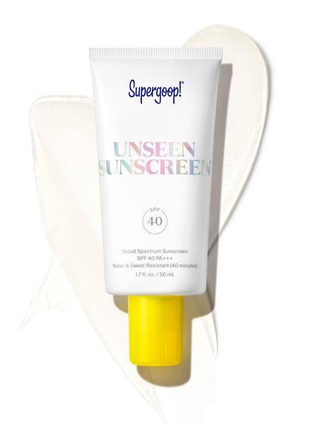Sentence with the replaced product:
A tube of Supergoop Unseen Sunscreen SPF 40, an antioxidant-rich multitasker invisible sunscreen, on a light background.