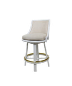 The McGuire Furniture White Rattan Swivel Bar Stool with Natural Linen combines a cushioned seat, curved backrest, and gold circular footrest for a stylish touch to any home or brand.