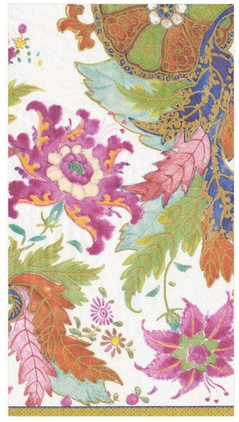A colorful floral pattern on a white background adorns these Caspari Tobacco Leaf Ivory Guest Towel Napkins, measuring 4.25" x 7.75" for each individual napkin and 12.75