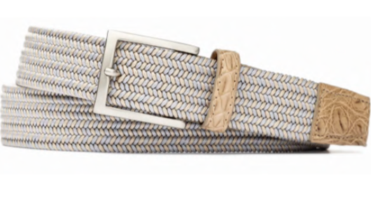 W. Kleinberg Men's Sport Stretch Belt with Crocodile Tabs and Brushed Nickel Buckle featuring leather accents.