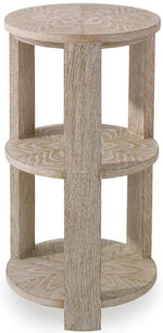 Julian Chichester Tribeca Table with a round top and two round shelves, supported by three vertically extending wood panels, exuding a timeless deco-inspired charm.