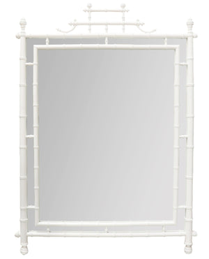 The Turned Bamboo Mirror in White by Carvers' Guild features a square design with a white faux bamboo frame and decorative top, inspired by antique English styles. Ideal for enhancing Arts Collections, shown on a plain white background.