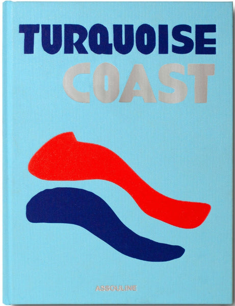 Cover of an Assouline book titled "Turquoise Coast" with abstract red and blue shapes on a light blue background, exploring the stunning Turkish Riviera.