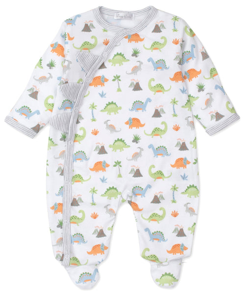 A baby boy's Kissy Kissy Dino Frontier Footie sleepsuit, featuring mitten-cuffs.