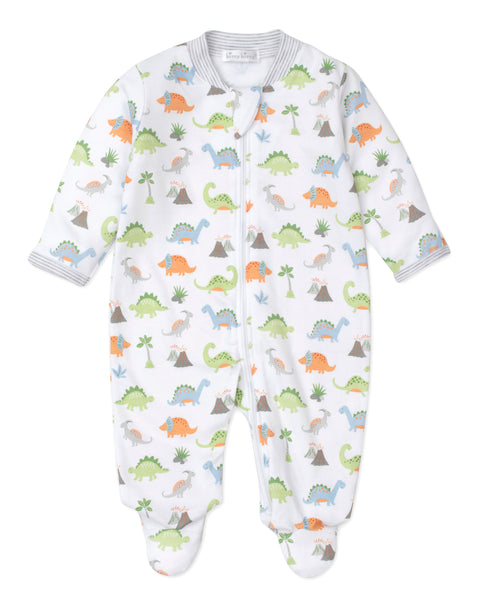 A Kissy Kissy Dino Frontier Zip Footie sleepsuit for baby boys, crafted from soft Pima Cotton, features mitten-cuffs for comfort.