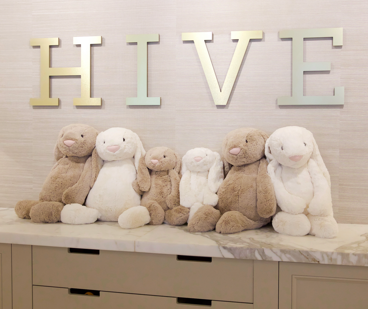 Row of stuffed bunnies on Hive counter