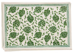 A rectangular white tablecloth featuring a charming green and white print of hand-painted globe artichokes and leaves. Made from 100% cotton, this elegant piece adds a fresh, natural touch to any dining space. This tablecloth is part of the Pomegranate Inc. Dancing Artichokes Collection by Pomegranate Inc.