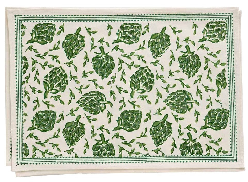 A rectangular white tablecloth featuring a charming green and white print of hand-painted globe artichokes and leaves. Made from 100% cotton, this elegant piece adds a fresh, natural touch to any dining space. This tablecloth is part of the Pomegranate Inc. Dancing Artichokes Collection by Pomegranate Inc.