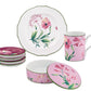 The Florenza Impero Malva Dinnerware and Decor Collection by Ginori 1735 features a Tuscan-inspired floral design with pink flowers on white and pink backgrounds, and includes a plate, four coasters, a mug, and a round container with lid.