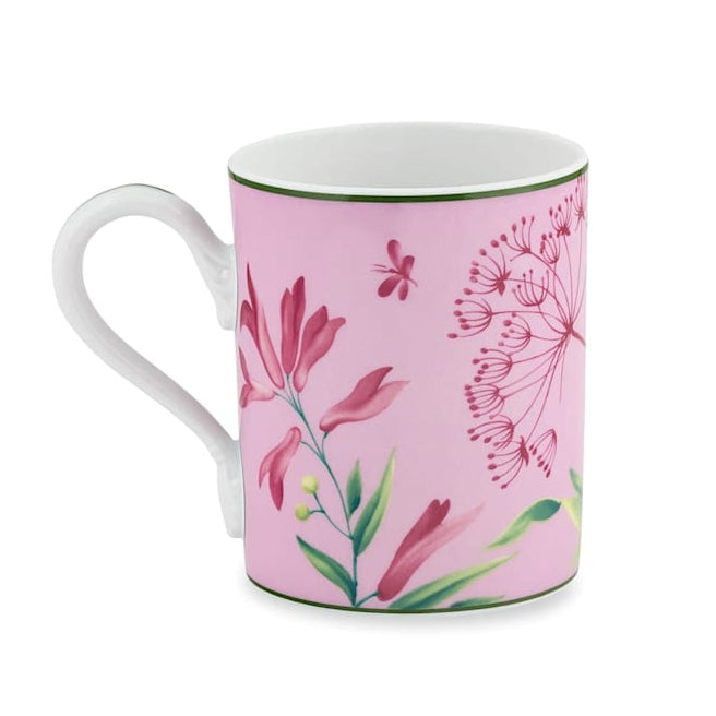 A white ceramic mug from the Florenza Impero Malva Dinnerware and Decor Collection by Ginori 1735, featuring floral and butterfly designs in pink and green on a pink background, inspired by timeless Tuscany tableware.