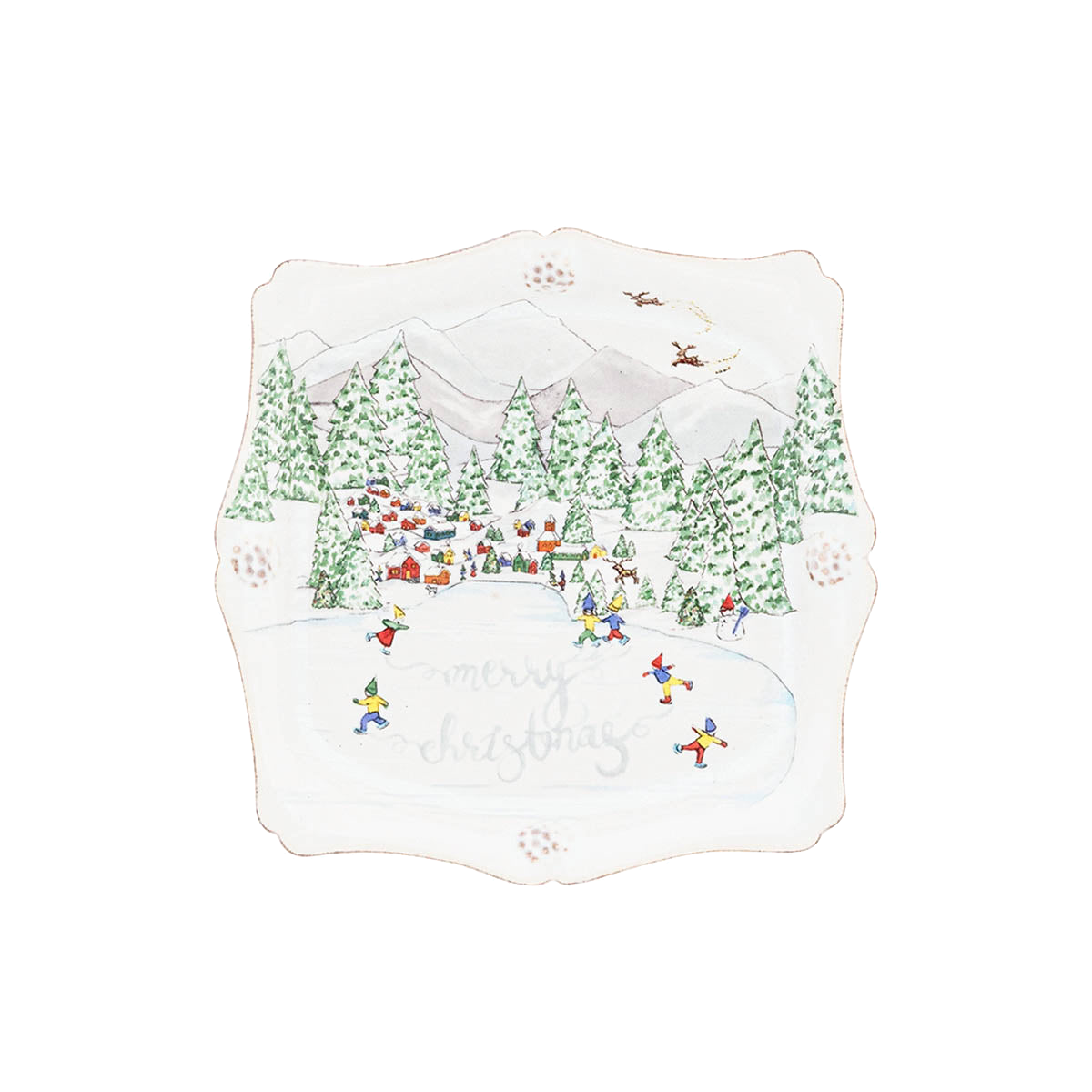 Illustration of people ice skating on a snowy pond near pine trees and mountains, with Juliska Berry & Thread North Pole Dinnerware and Serveware Collection decorating a holiday plate. “Merry Christmas” is written on the ice.
