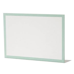 The Hester & Cook Frame Place Cards are blank rectangular cards with a pale green border, ideal as place cards or buffet labels, and are shown standing upright on a white background.