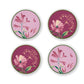 Discover the Florenza Impero Malva Dinnerware and Decor Collection by Ginori 1735—a set of four round plates adorned with delicate pink and purple floral motifs, leaves, and a dragonfly against light or dark pink backgrounds. Inspired by traditional Tuscany tableware, these pieces infuse your dining experience with timeless Italian elegance.