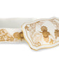 The Ginori 1735 Oriente Italiano Aurum Decor Collection features a rectangular white porcelain box with gold floral patterns and a matching removable lid, offering a timeless accent for elegant home decor.