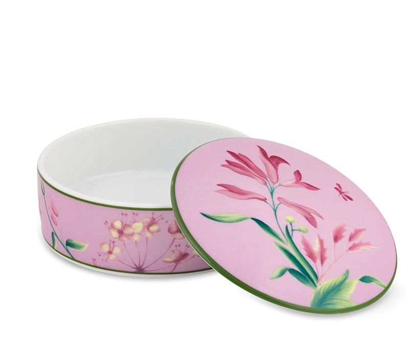 Round ceramic box from the Florenza Impero Malva Dinnerware and Decor Collection by Ginori 1735, featuring a pink floral design and a matching lid, partially open to reveal its white interior—an elegant piece inspired by Tuscany tableware and classic Italian porcelain craftsmanship.