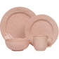 The Juliska Puro Blush Dinnerware Collection features a four-piece set—including dinner plate, salad plate, bowl, and mug—in a stylish blush pink ceramic for an elegant table setting.