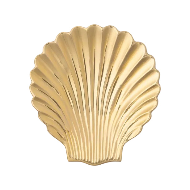 The Pigeon & Poodle Arista Polished Gold Clam Shell is a gold-colored, scallop-shaped decorative plate featuring a ridged texture and subtle seashell design, ideal as a jewelry catch-all and photographed on a white background.