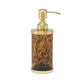 Add elegance to your bath with the Benton Tortoise Bath Collection by Pigeon & Poodle, featuring a gold pump and cylindrical container with a brown and black animal print.