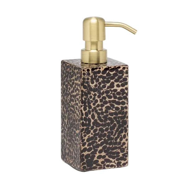 A rectangular soap or lotion dispenser from the Callas Bath Collection by Pigeon & Poodle, featuring a gold pump and an elegant lacquered cracked eggshell mosaic with a textured brown and gold spotted pattern.