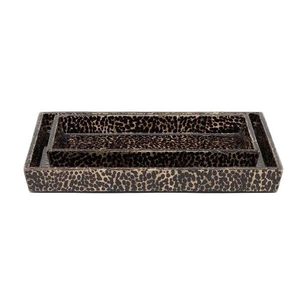 Set of three rectangular trays from the Callas Bath Collection by Pigeon & Poodle, with bold leopard print in black and brown, mosaic-inspired design, neatly nested together and shown on a white background.