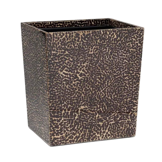 Square container from Pigeon & Poodle’s Callas Bath Collection, featuring a brown and black animal print-inspired speckled mosaic design, shown against a white background.