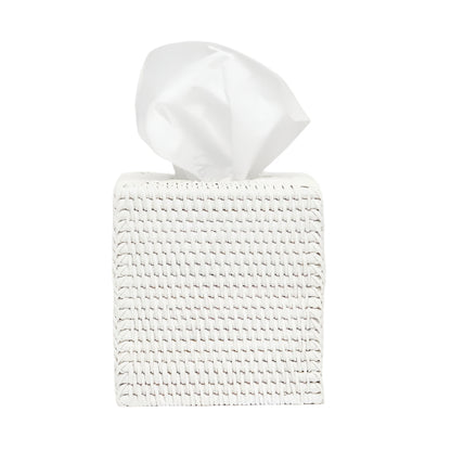 The Dalton Bath Collection by Pigeon & Poodle features a handmade white rattan tissue box cover, highlighting fine craftsmanship with a tissue emerging from the top, set against a plain white background.