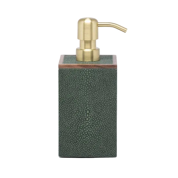 The Manchester Bath Collection soap dispenser by Pigeon & Poodle features a rectangular green shagreen texture and a gold pump, shown against a plain white background.