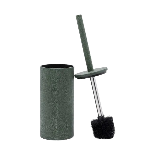 The Manchester Bath Collection by Pigeon & Poodle features a green shagreen-textured toilet brush holder with the matching brush partially inside, shown against a plain light background.