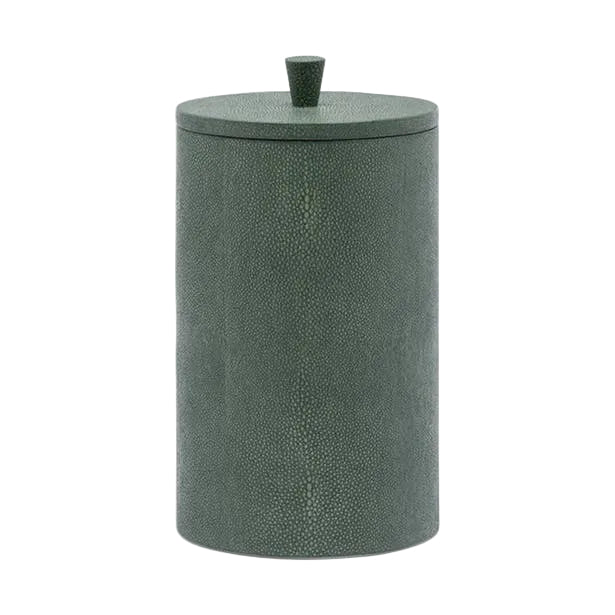The Manchester Bath Collection by Pigeon & Poodle features a dark green, cylindrical shagreen-textured container with a matching lid and small knob, shown against a plain light background.