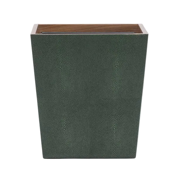 Rectangular wastebasket from the Manchester Bath Collection by Pigeon & Poodle, featuring a dark green textured shagreen finish, open top, brown interior, and shown against a plain light background.