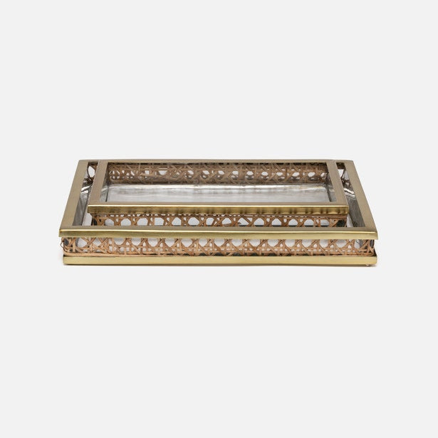 Two rectangular trays from Pigeon & Poodle's Norwell Bath Collection feature gold borders and intricate cut-out patterns, nested together on a white background—perfect elegant accents for your furniture.