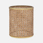 Part of the Norwell Bath Collection by Pigeon & Poodle, this wastebasket features elegant silhouettes with woven rattan and gold-colored metal rims at the top and bottom.