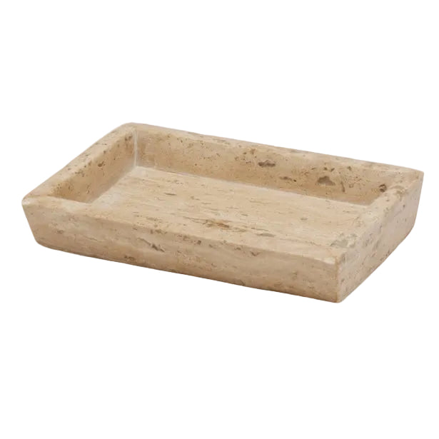 The Bowen Natural Bath Collection by Pigeon & Poodle features a rectangular beige stone tray with a subtle resin finish and slightly raised edges, shown here on a white background.