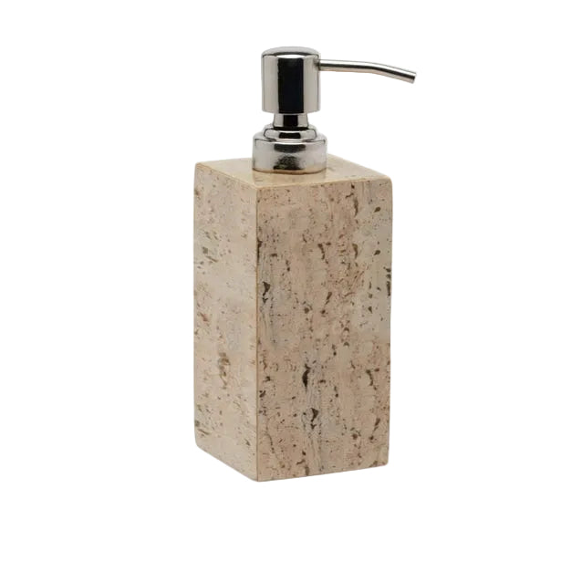The Bowen Natural Bath Collection soap dispenser by Pigeon & Poodle is a rectangular beige stone piece with a silver pump, shown upright against a white background.